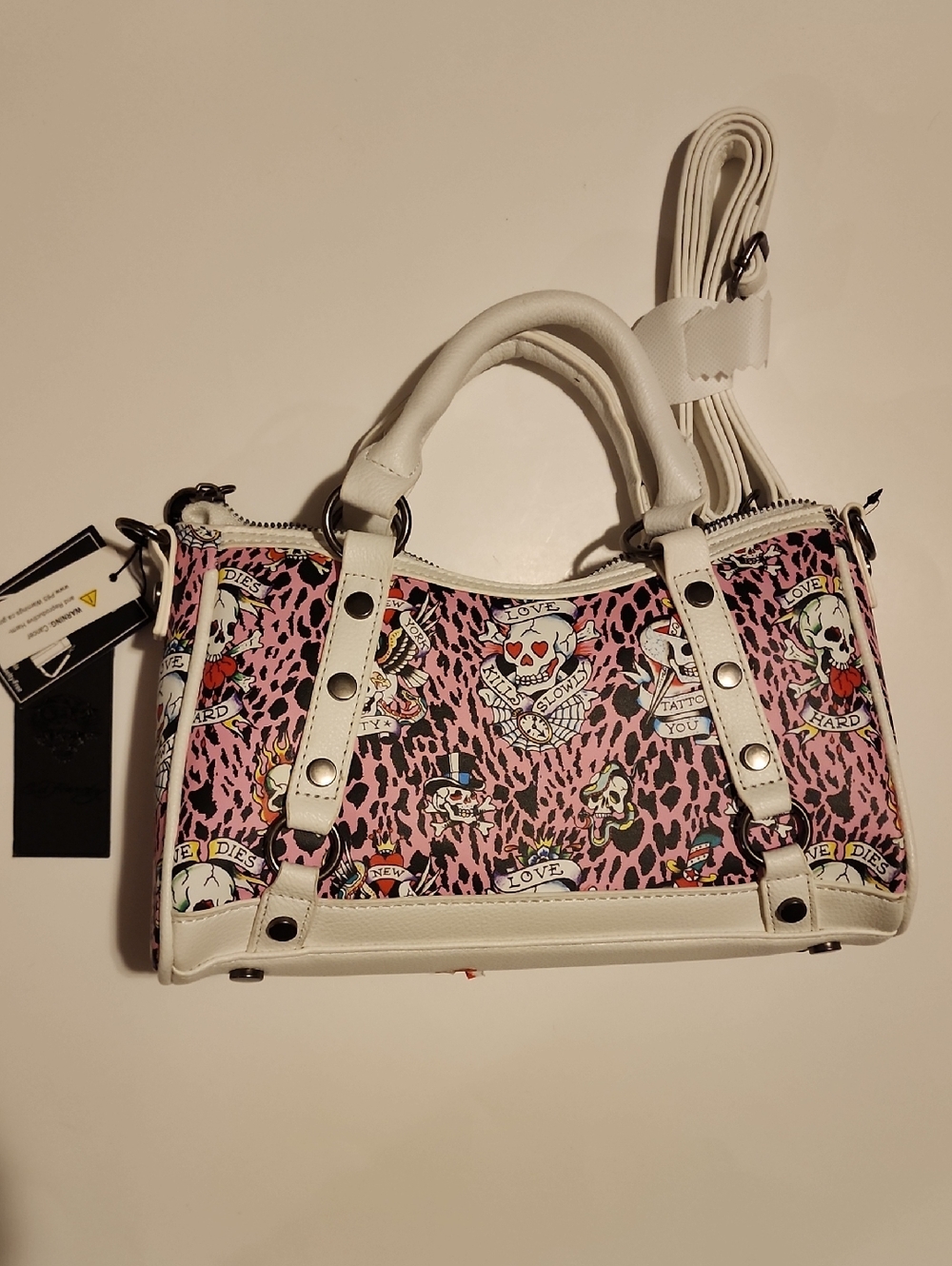 NWT Ed Hardy Faux Leather  Pink Tattoo Print Satchel Bag with White Trim